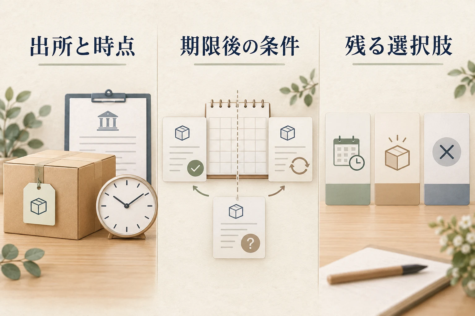 制約の出所と確認時点、期限後の条件、残る選択肢を示す
