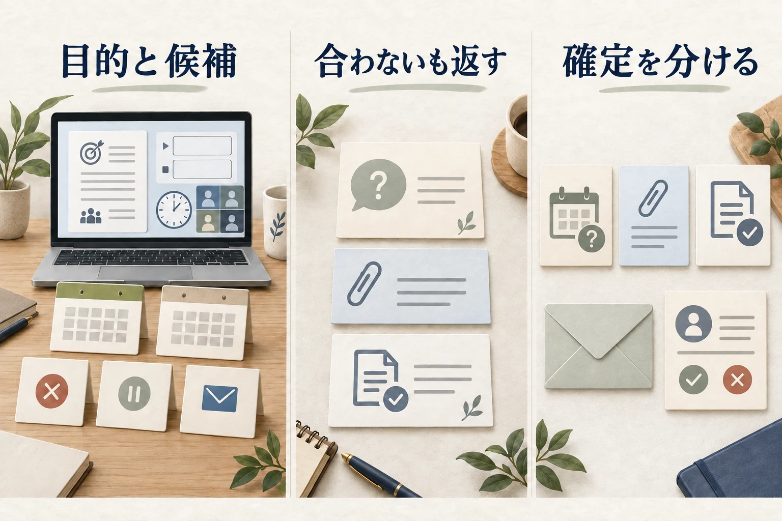 目的と候補を揃え、合わない時も返せるようにし、選択と確定を分ける