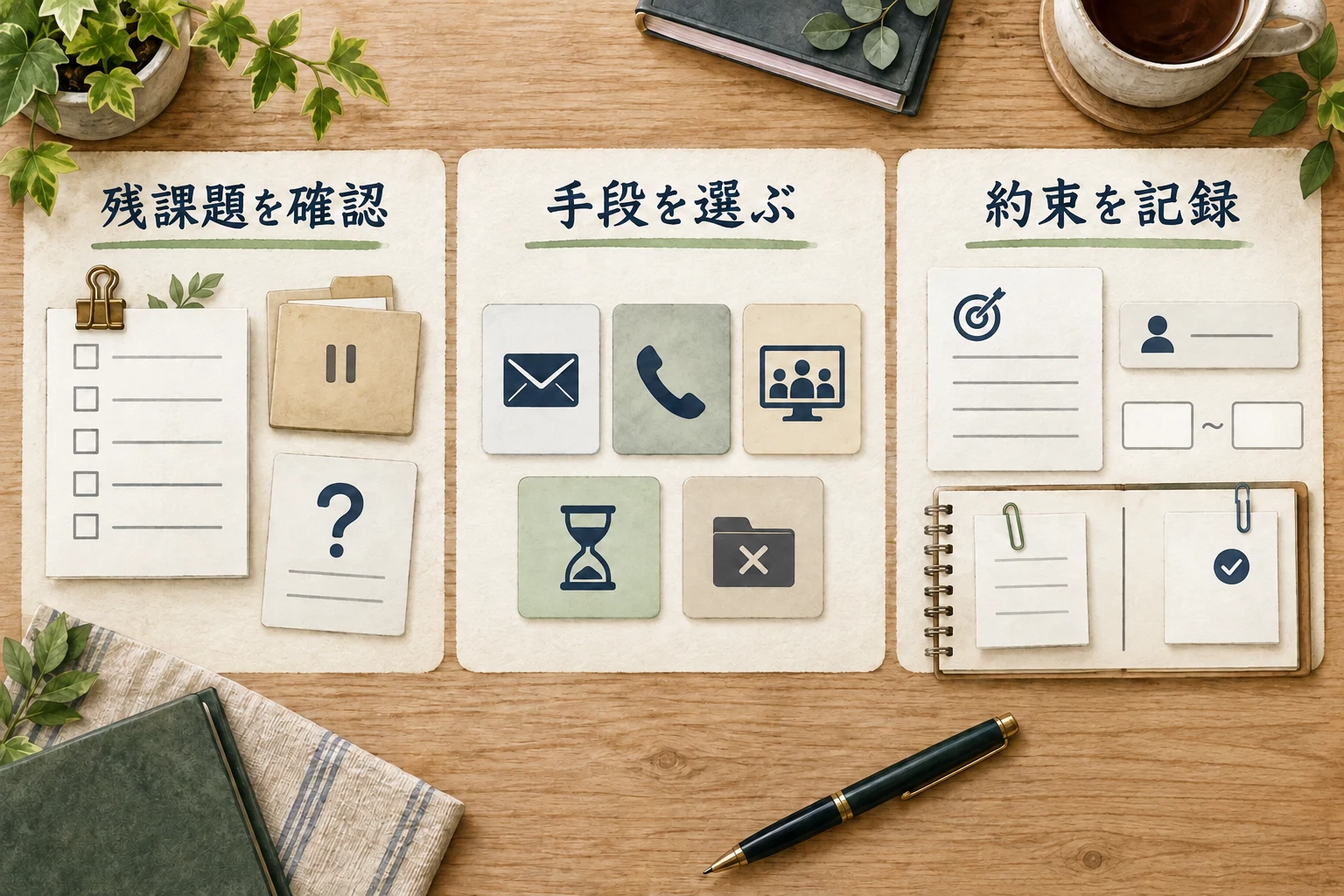 残課題を確認し、メール・電話・会議・待機・終了から選び、約束を記録する