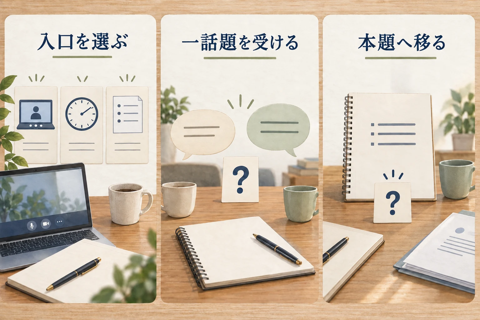 入口を選び、一話題に応じ、本題へ移るか相談する