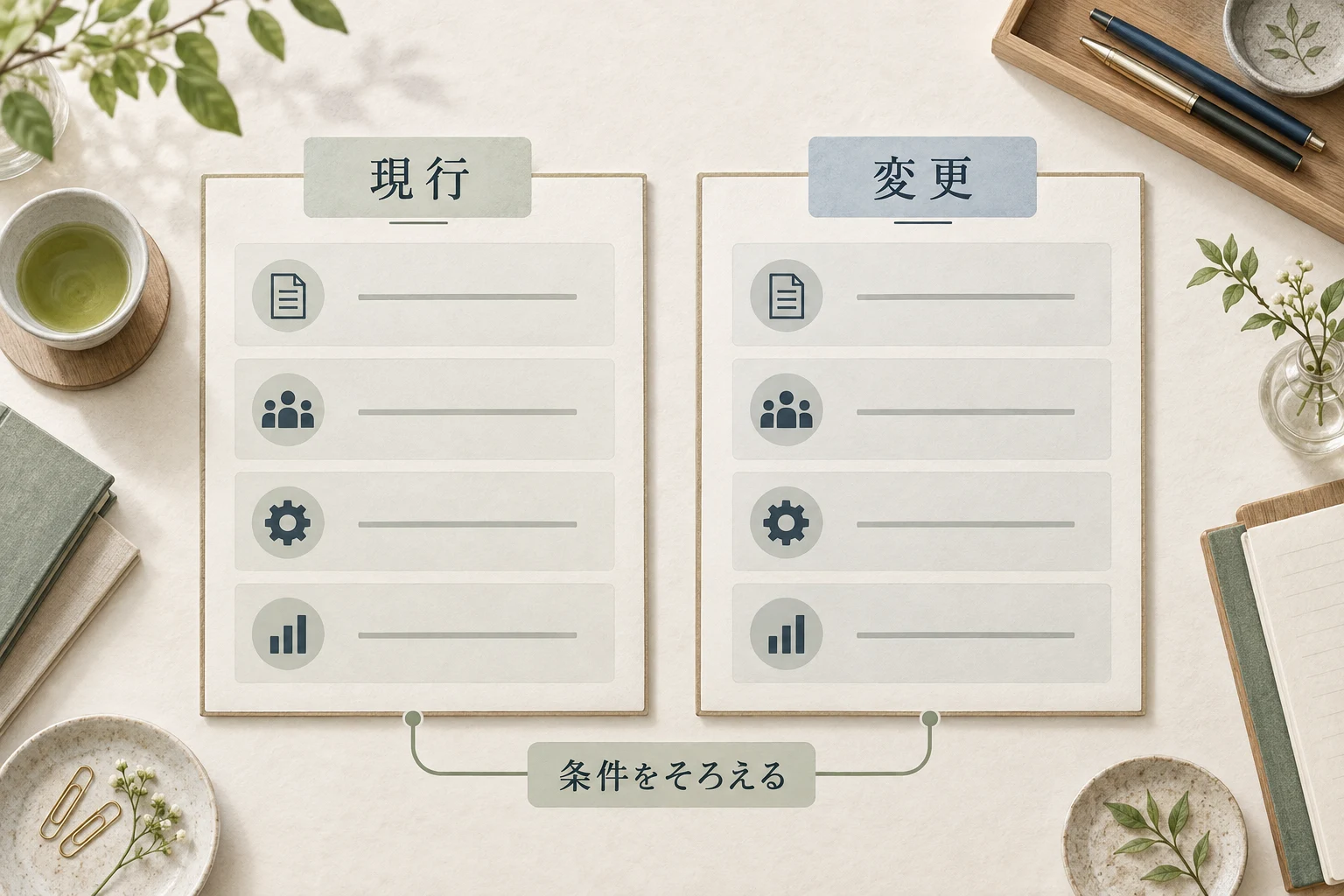 現行と変更を同じ欄で比べ、条件をそろえる。変更を正解と決めない。