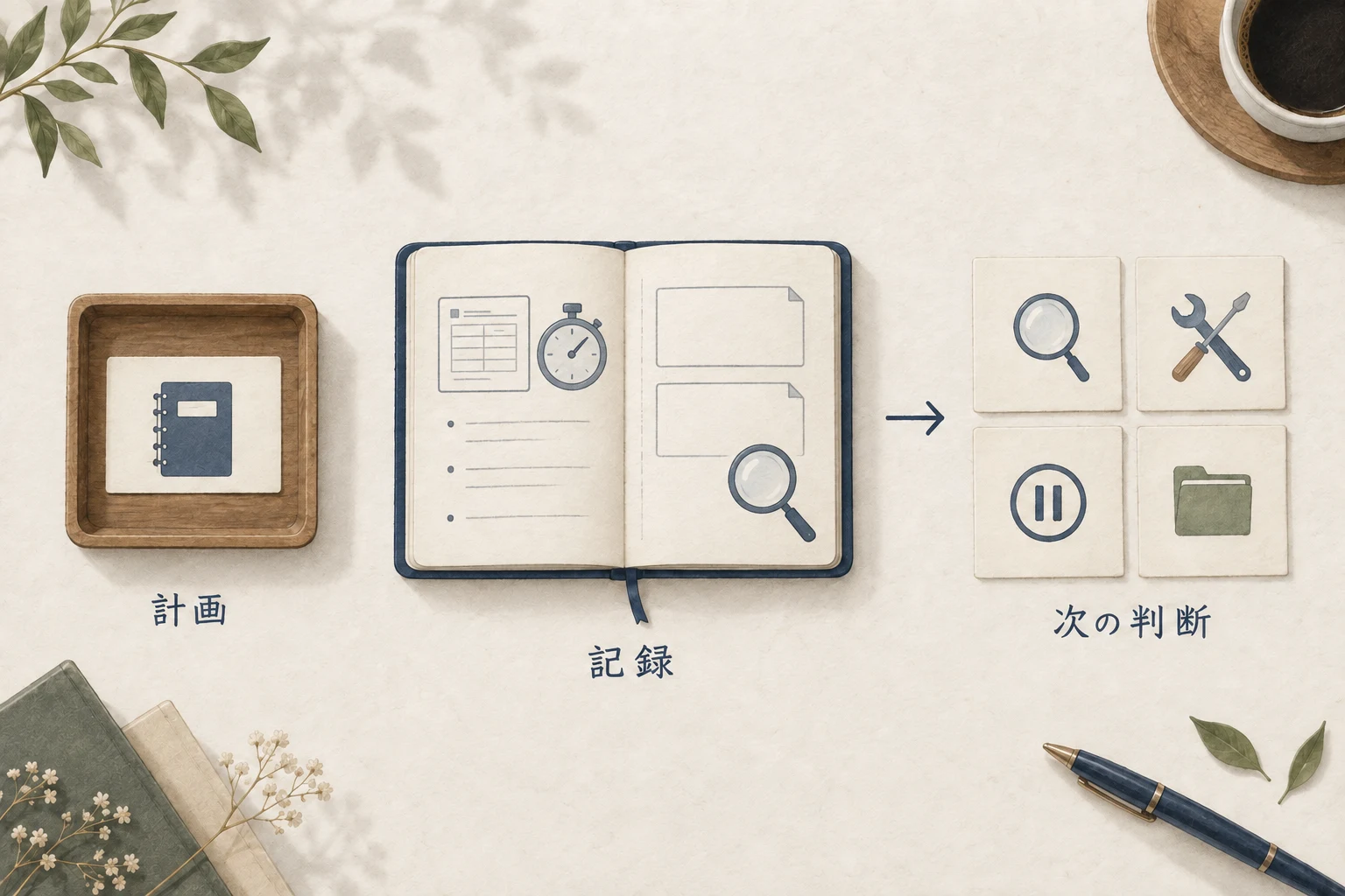 限定した試験を計画・記録し、次の設計・条件変更・保留・中止を判断する