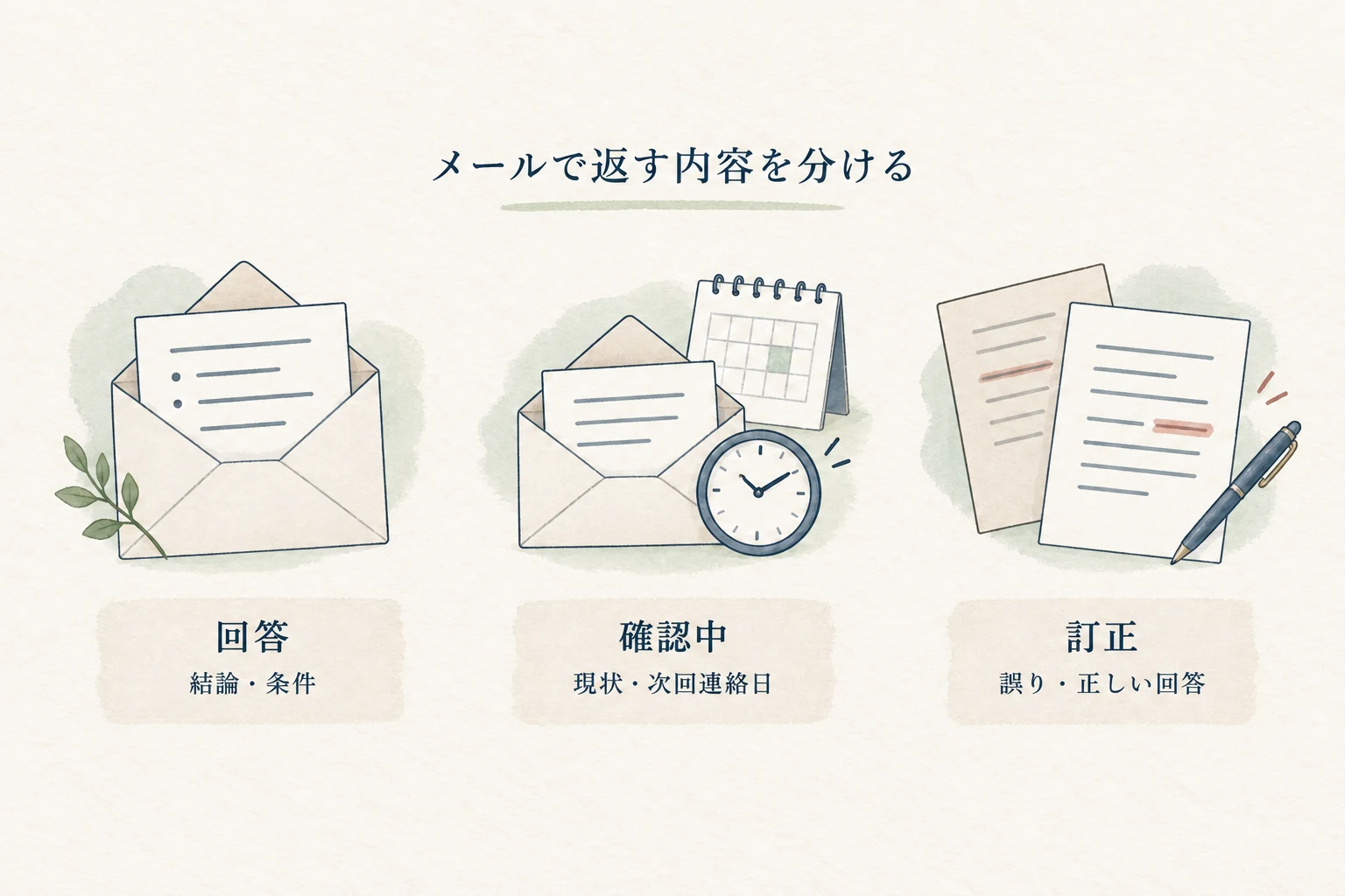 商談後のメールは、回答なら結論と条件、確認中なら現状と次回連絡日、訂正なら誤りと正しい回答を対にする