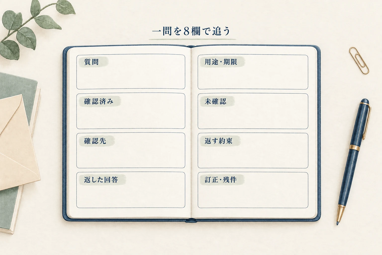 回答の持ち帰りメモは、質問・用途、確定・未確認、確認先・約束、回答・訂正の8欄で、受け取りから返却まで追う