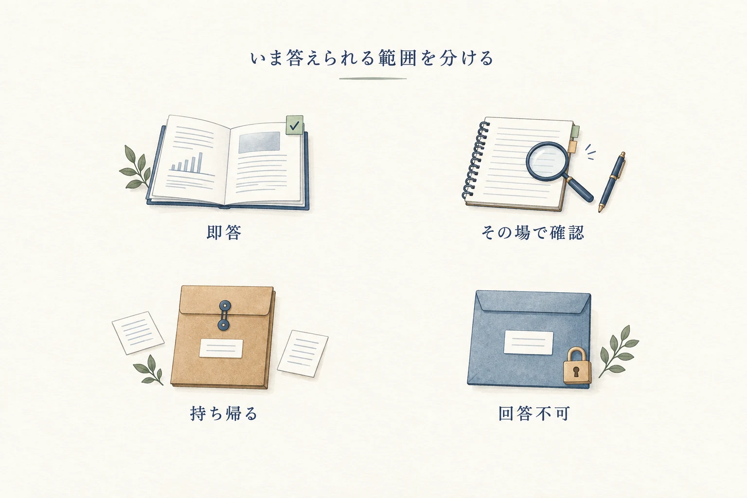 質問への対応は、確認済みなら即答、短時間で調べられるならその場確認、未確認なら持ち帰り、権限外や非開示なら回答可否の確認へ分ける