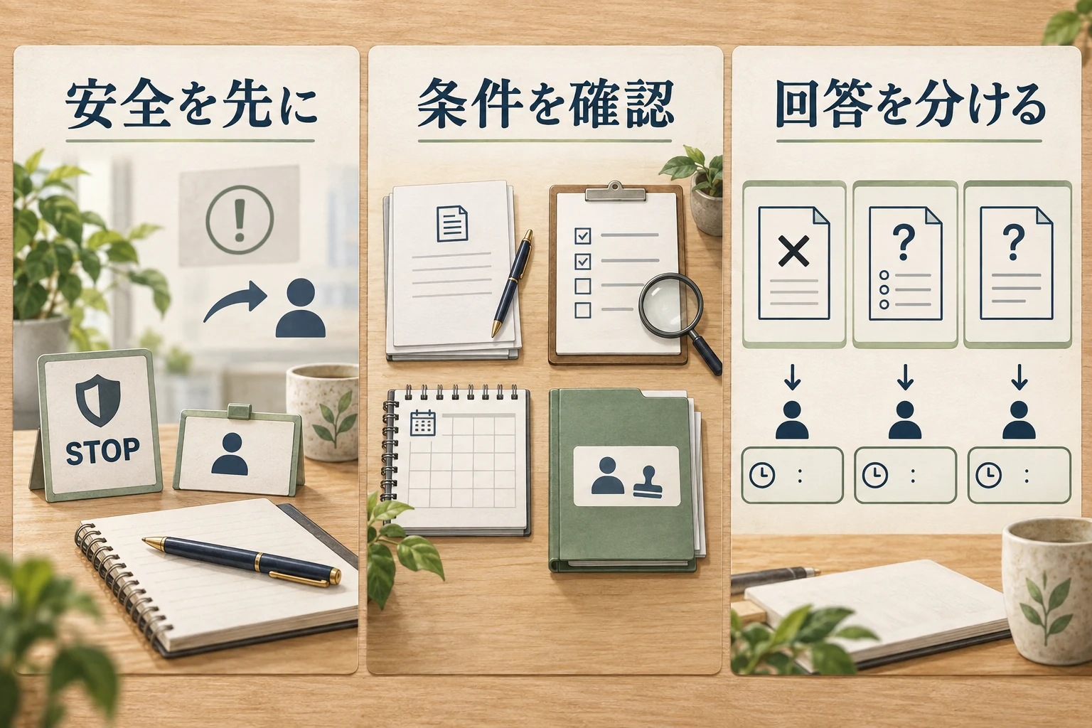 安全経路を先に確かめ、条件を確認し、不可・条件付き・確認中を分ける