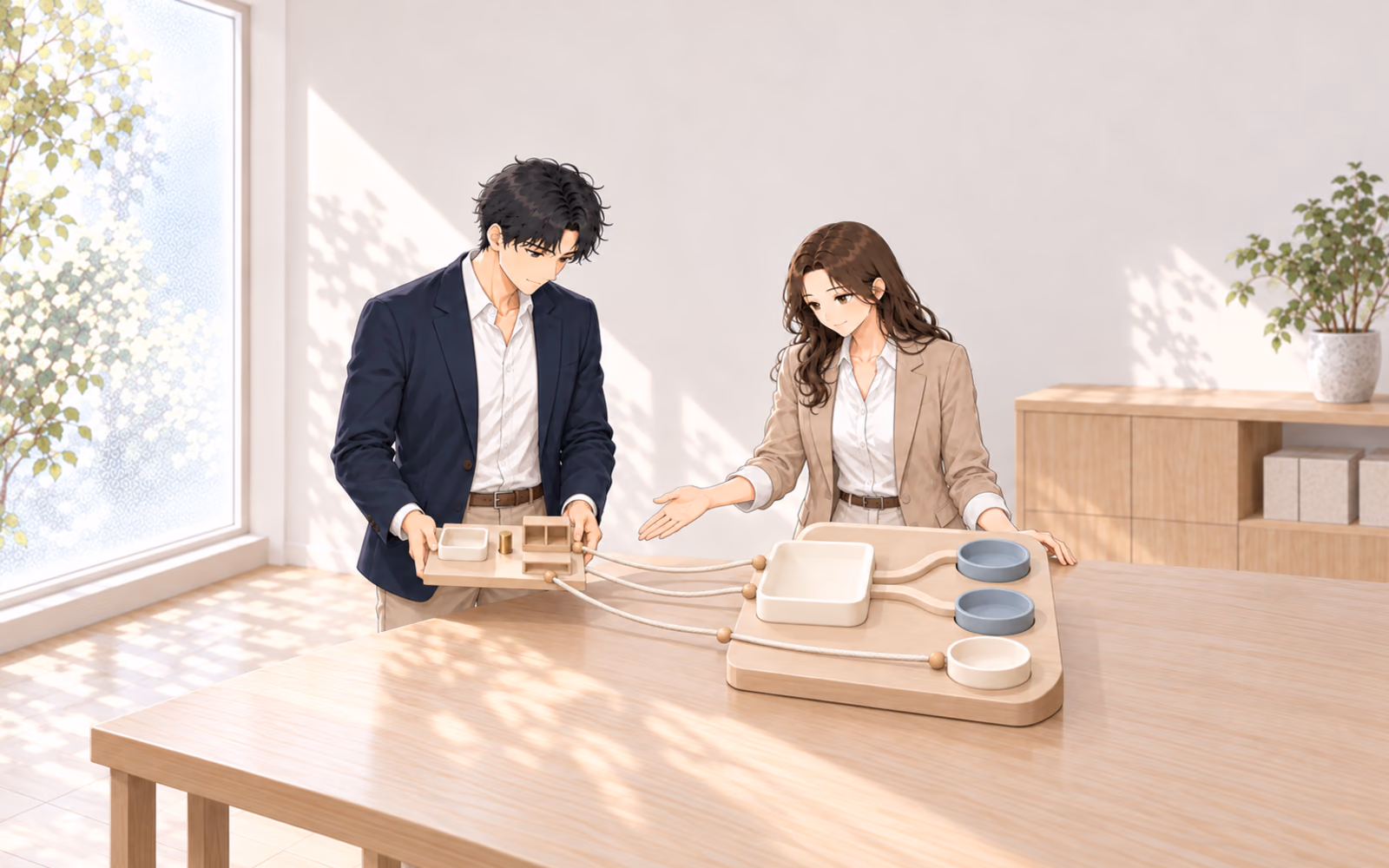 明るい編集室でミナトとカナエが、現実の仕組みと小さな受付模型を三本の紐で対応づけ、結ばれない真鍮片を確認する場面