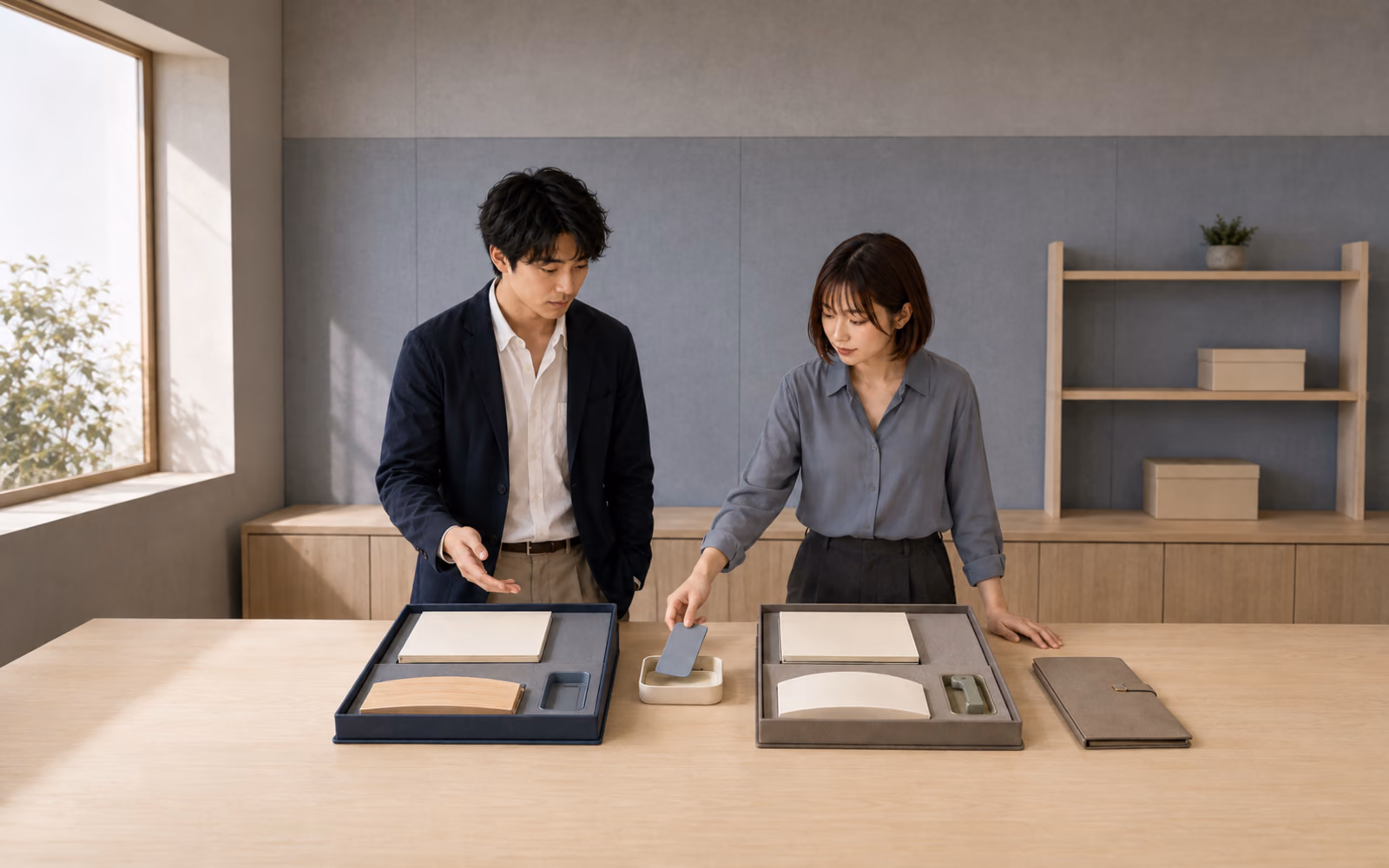 社内の点検台で、同寸の二つの仕事キットにある異なる機会入口と支援部品を、共有された一行動片とは分けて見るミナトと匿名の同期