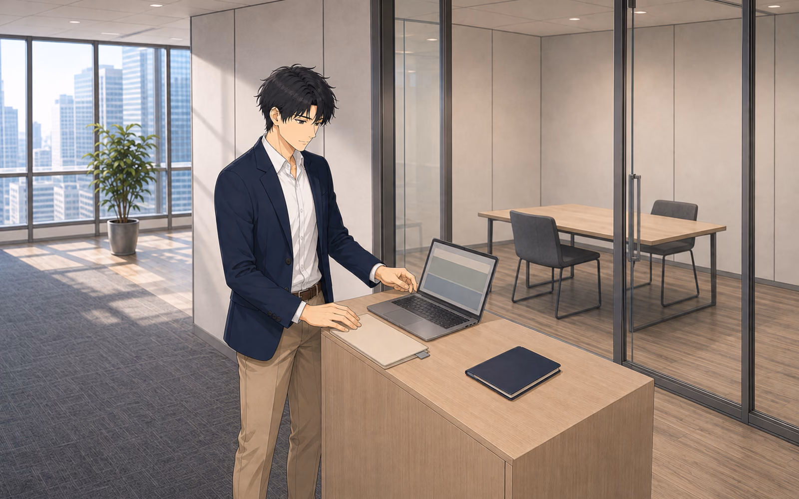 商談室を出た直後の立ち作業台で、閉じた顧客原資料を脇に置き、三つの無文字欄だけが見えるCRMへ記録するミナト