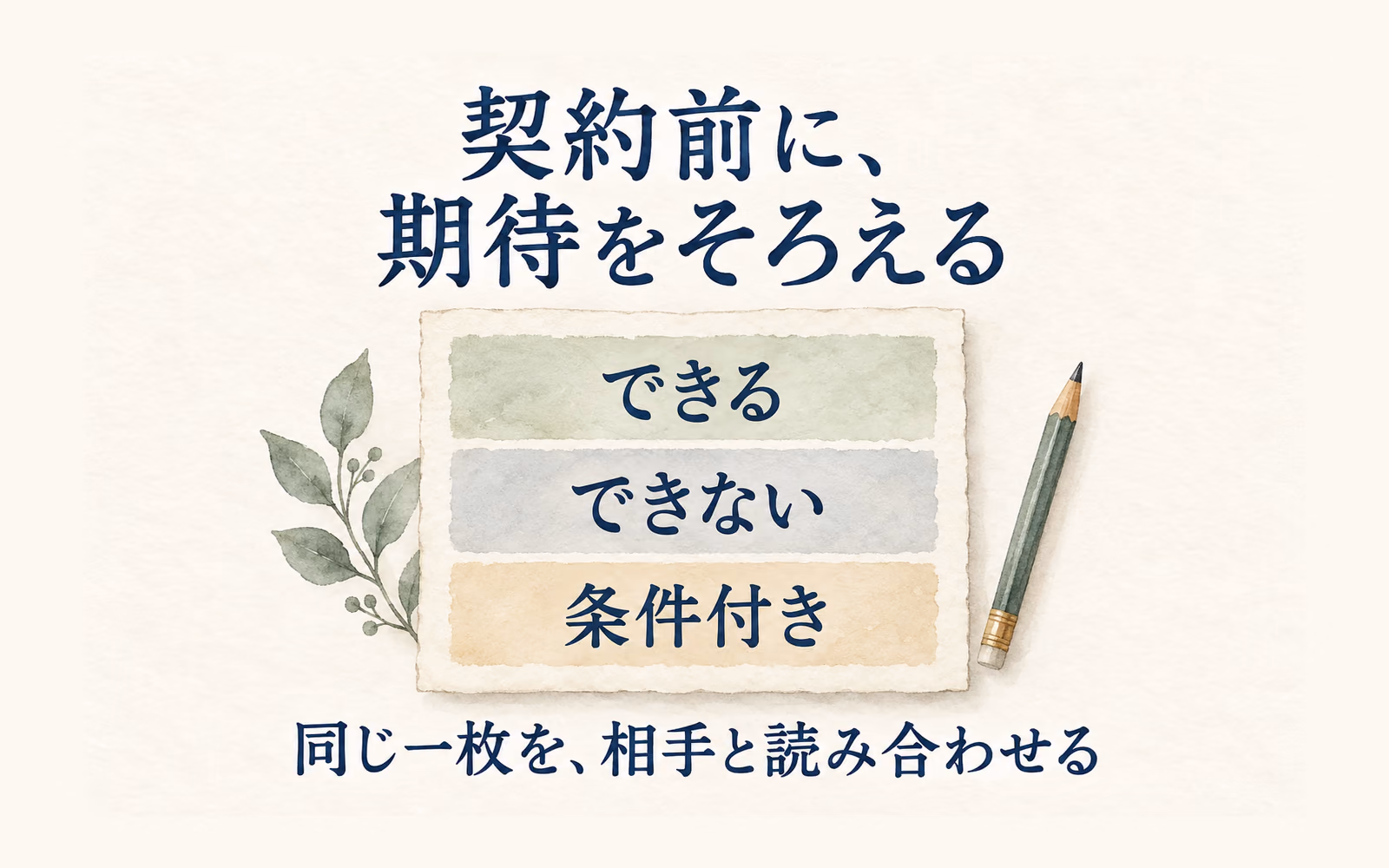 できる、できない、条件付きの三つを同じ一枚にまとめ、相手と読み合わせて期待をそろえる図。