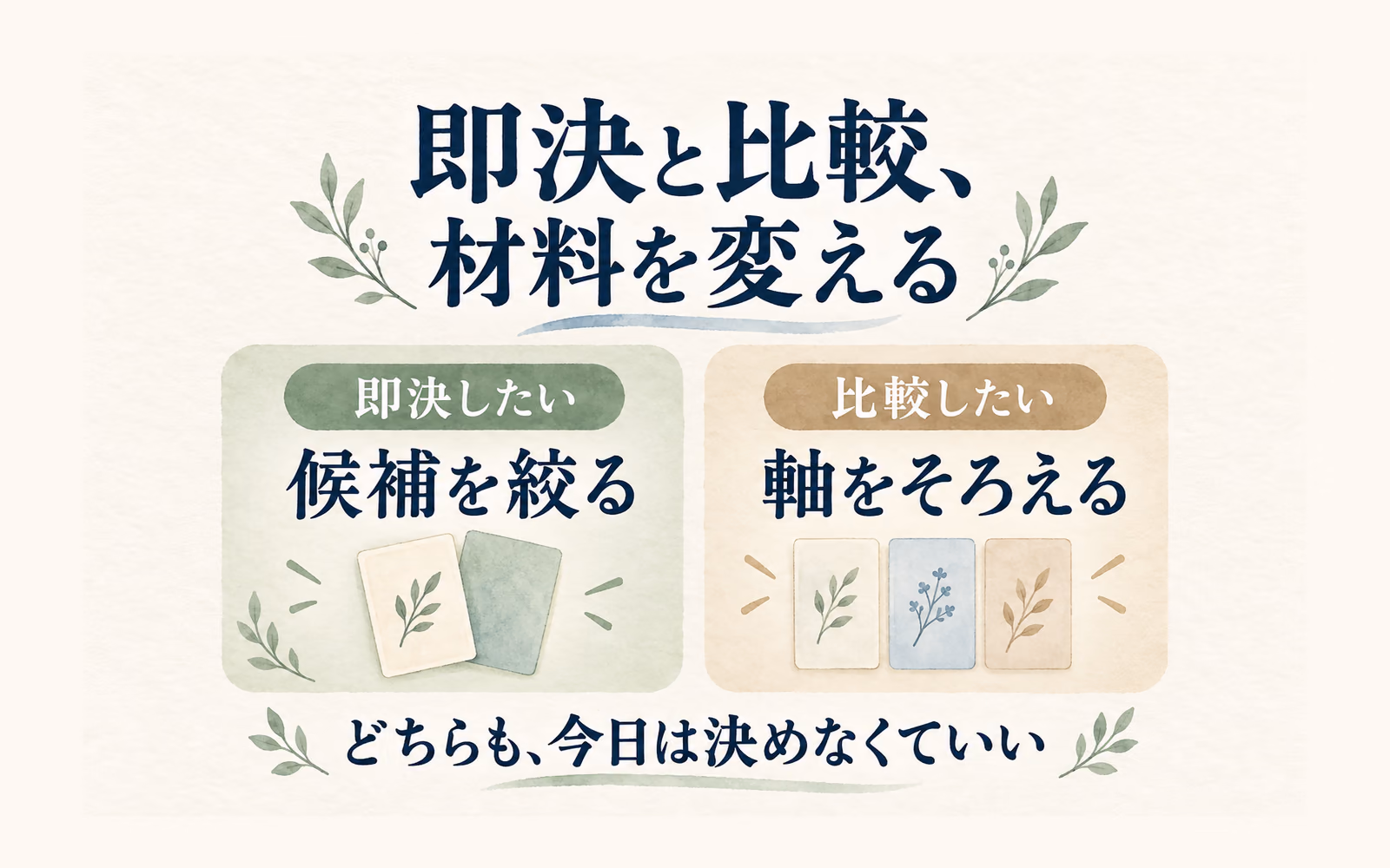 即決したい相手には候補を絞り、比較したい相手には軸をそろえる。どちらにも今日は決めない選択を残す図。