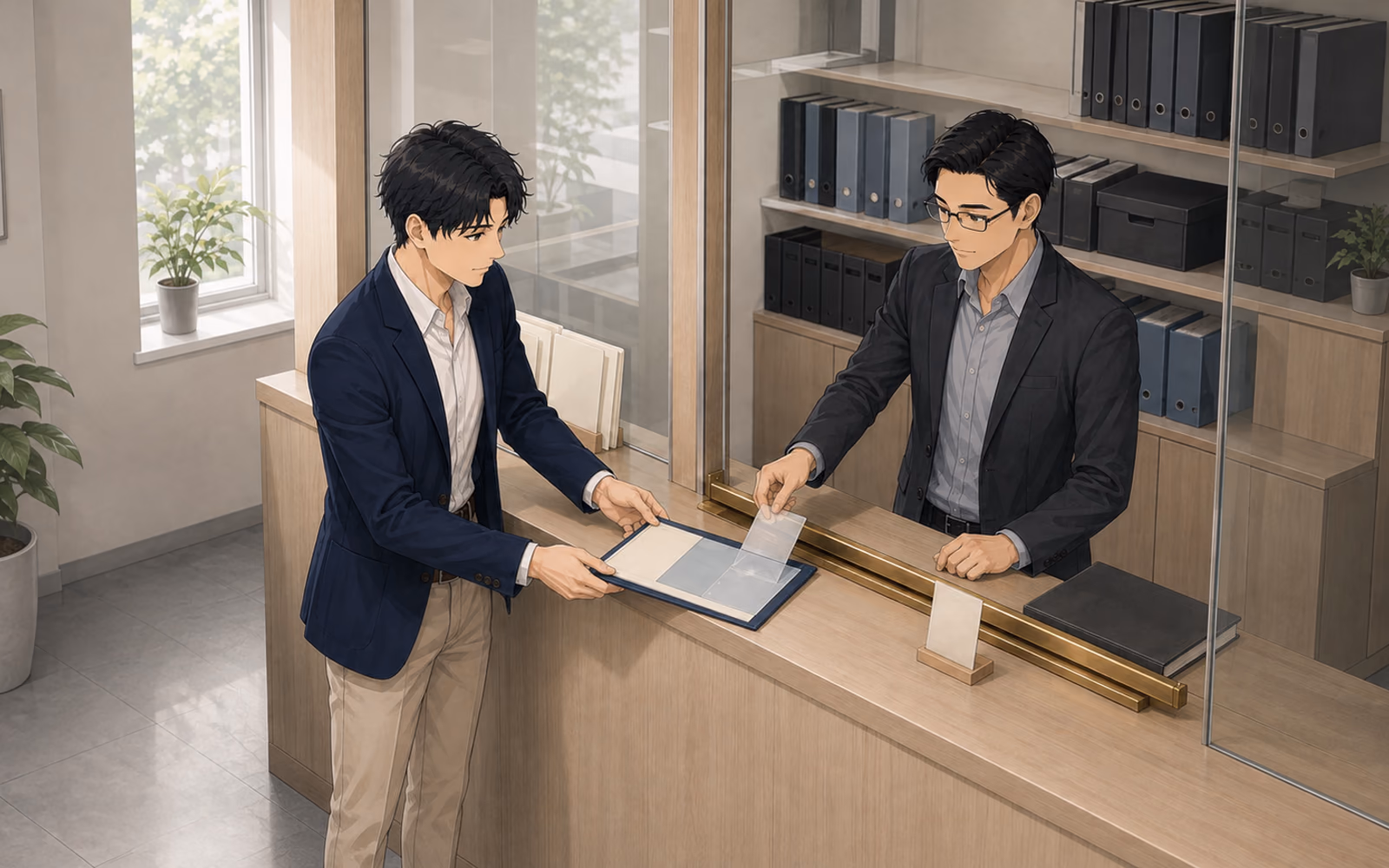営業と技術の資料パススルーで、顧客原紙と判断窓を入れた依頼ウォレットへ条件片を戻すミナトと西村