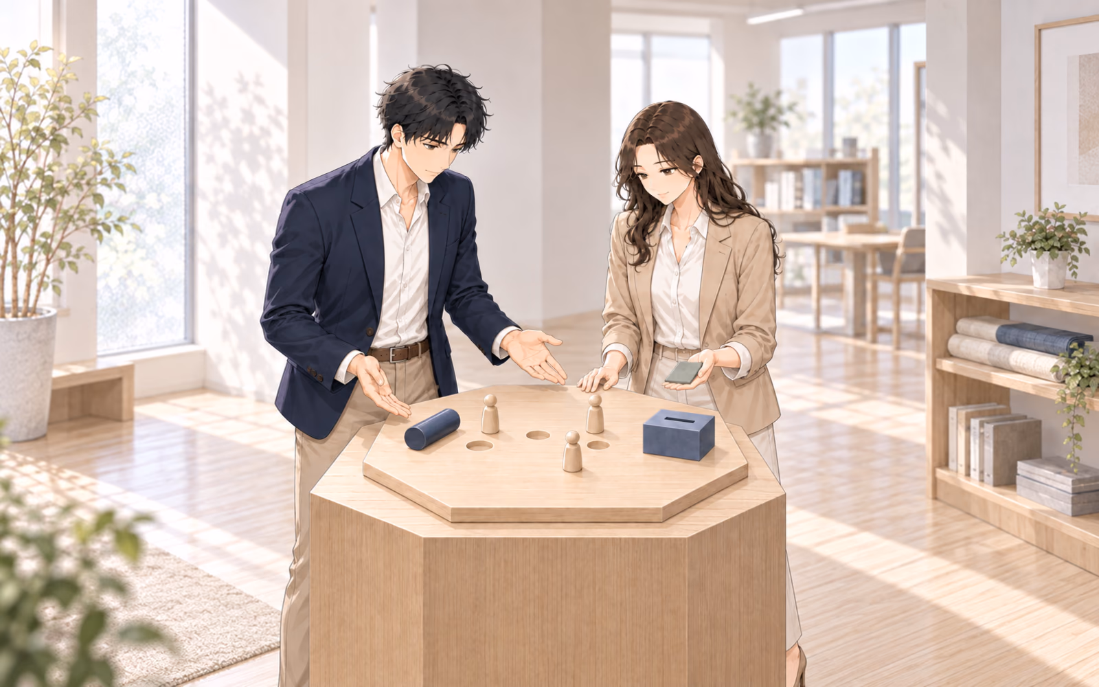 編集室の点検台でミナトとカナエが、紺ローラー、三本の人物ペグと三つの前回穴、挿入前のセージ片を載せた六角形板を確認する場面