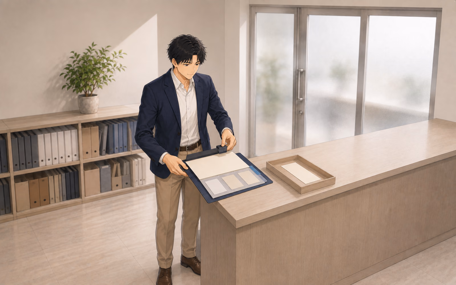 社内の文書整理カウンターで、確定結果紙、案件根拠片、青灰色の次期仕切りを一つの報告束にそろえるミナト