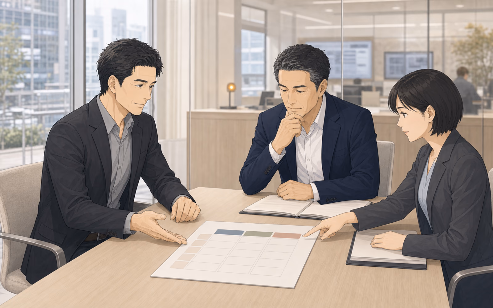 顧客と比較表を囲み、提案の条件を確認するソウタ