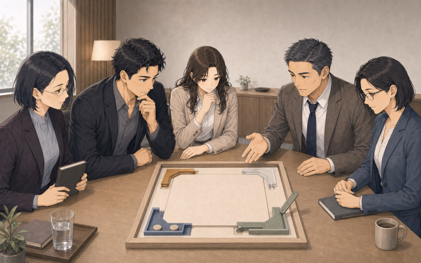 公開討論会場で、目的、透明性、取消可能性、検証の四条件を一つの架空施策に接続し、成果と自由を同じ記録で確かめるカナエ、ソウタ、瀬川、安西、徳永