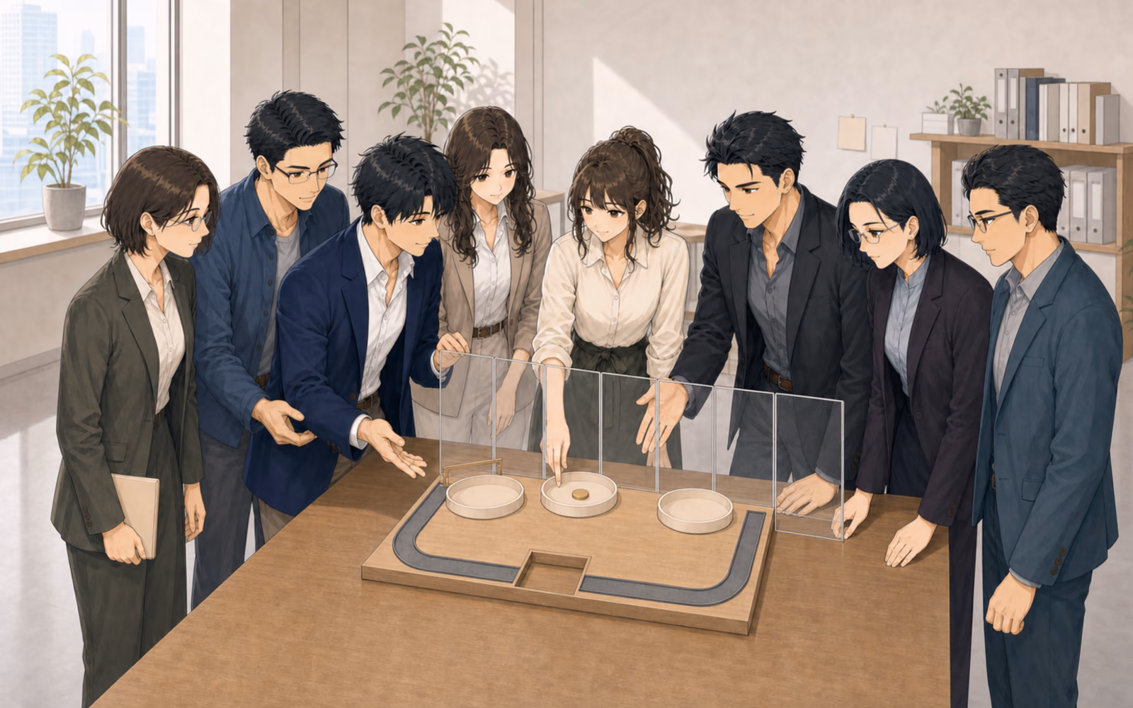 明日の商談ノート編集室で、六つの透明な確認領域、同じ重さの三択、非推奨案の一トークン、開いた戻り道を八人で検査するロープレ