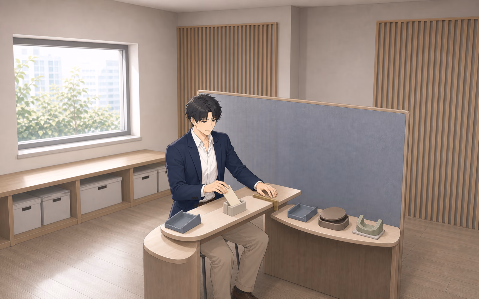窓辺の応答準備ベイで、一つの約束スリーブを短い作業区間へ置き、終端後の継続・停止・相談ドックを残すミナト