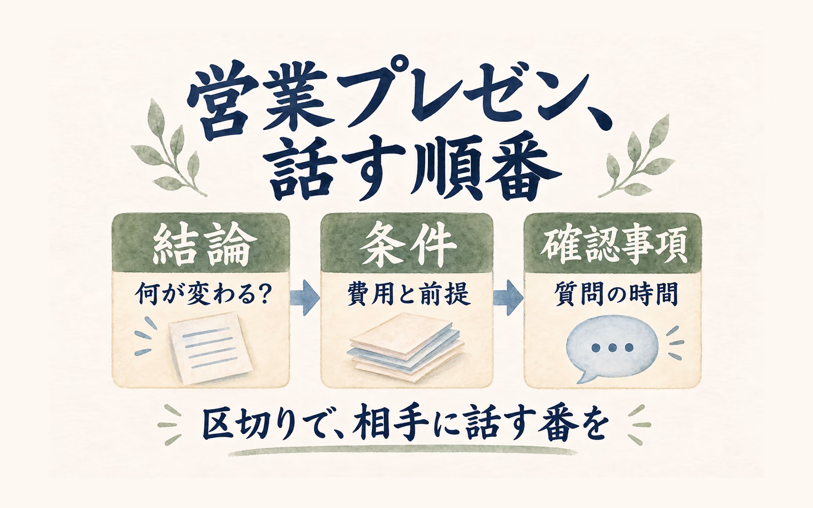 営業プレゼンを結論、条件、確認事項の順に進め、区切りで相手に話す番を返す図。