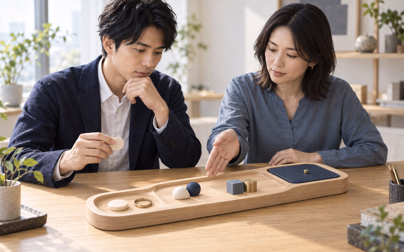 明るい編集室でミナトとカナエが、判断入口・判断材料・詳細参照の三つの奥行きを持つ無文字の提案閲覧具を確認している場面