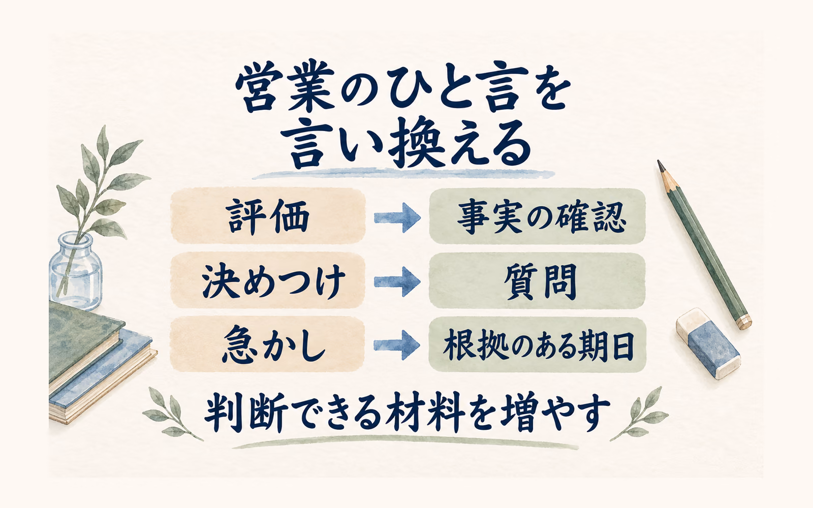 評価を事実の確認へ、決めつけを質問へ、急かしを根拠のある期日へ言い換える三行の図。