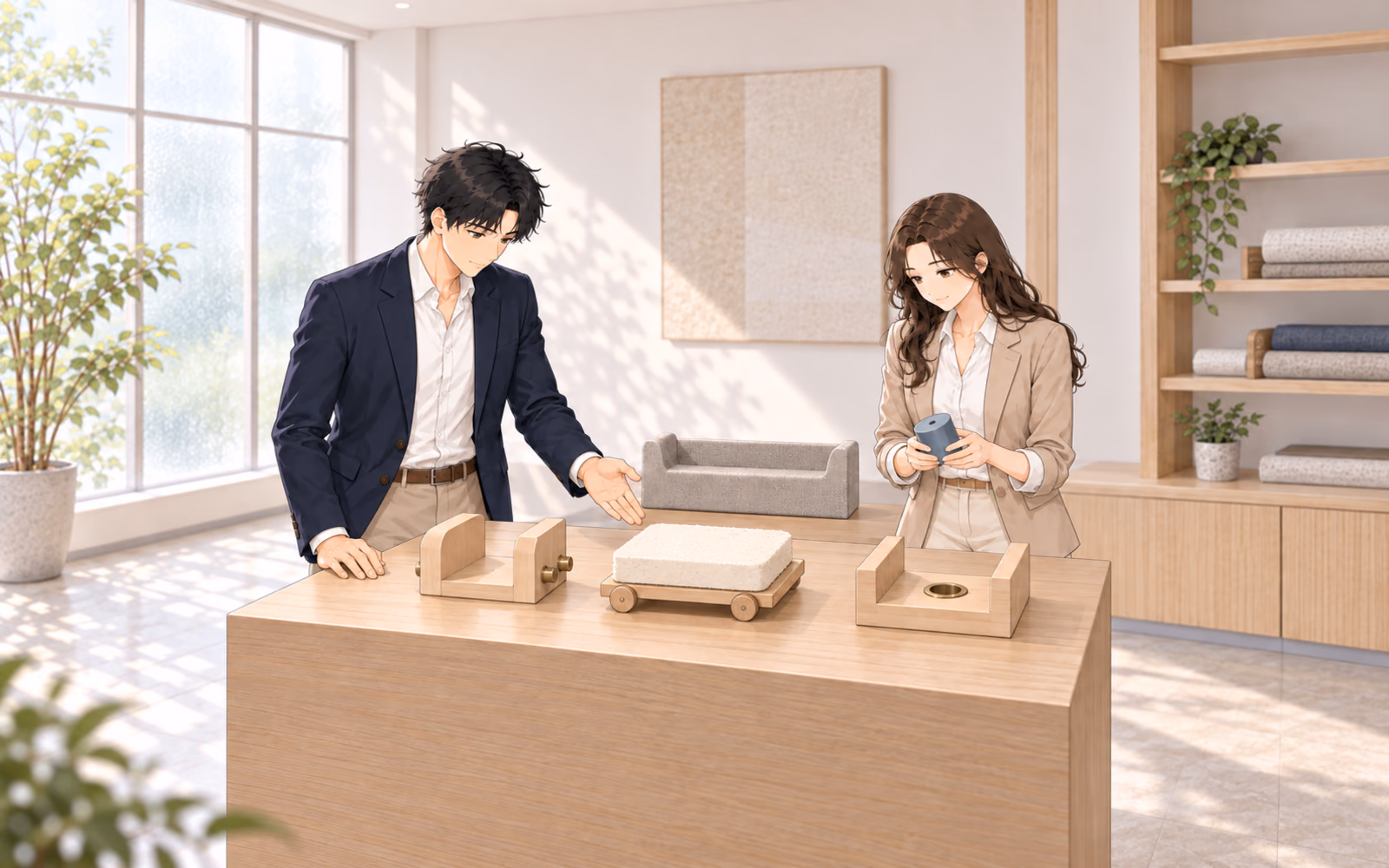 明るい編集工房でミナトとカナエが、二つの作業台の間で止まった無文字の製作物と外された治具、横の保管台を確かめる場面