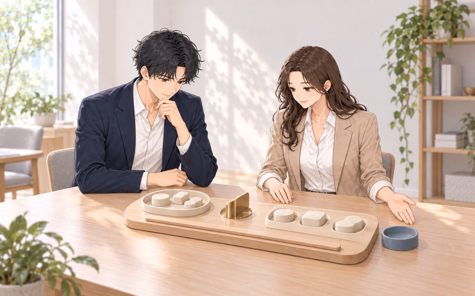 明るい編集室でミナトとカナエが、導入前・きっかけ・導入後と変わらない確認具を表す卓上の事例帯を見比べる場面