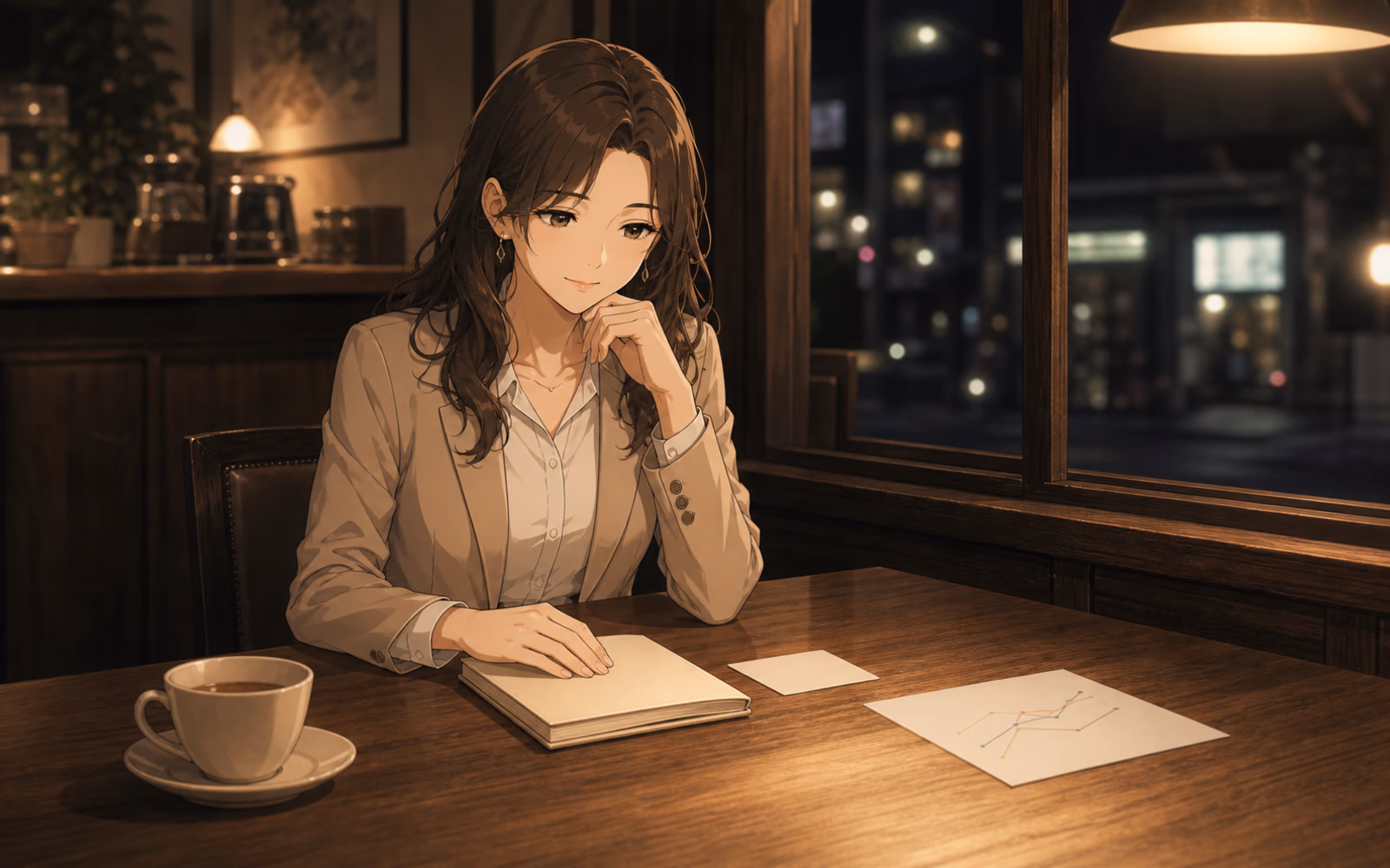 夜の喫茶 灯で、ノートを見つめながら考え込むカナエ