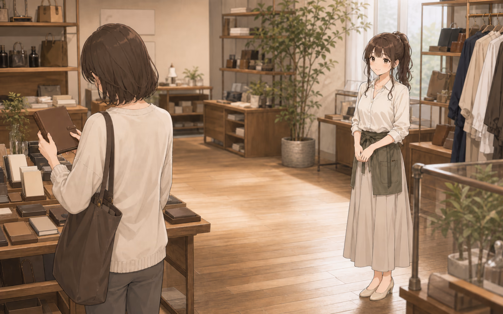 HIBI SELECT の売場で、商品を見るお客様と少し距離を置くレン