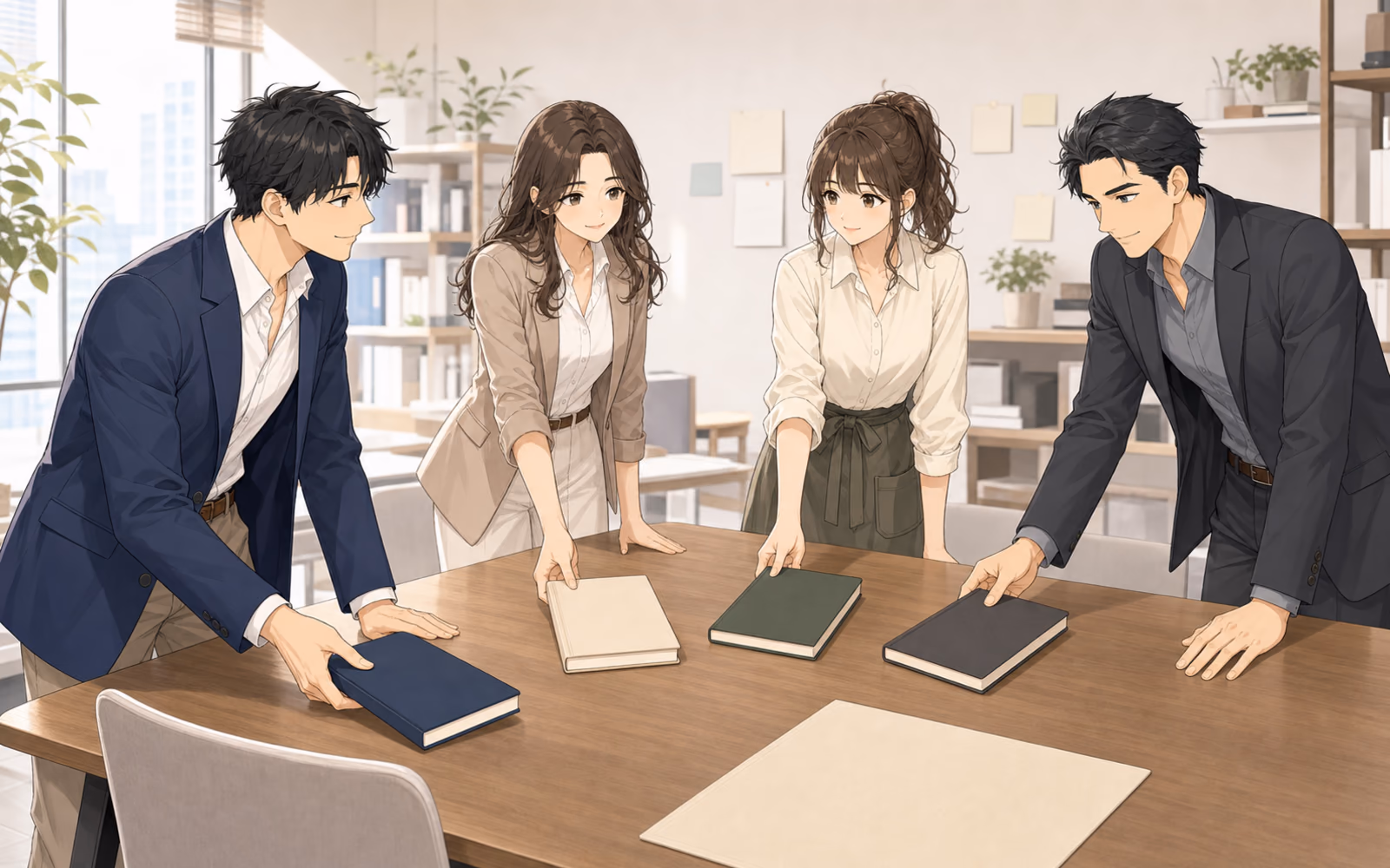 明日の商談ノート編集室で、四冊のノートを同じ机に置くミナト、カナエ、レン、ソウタ