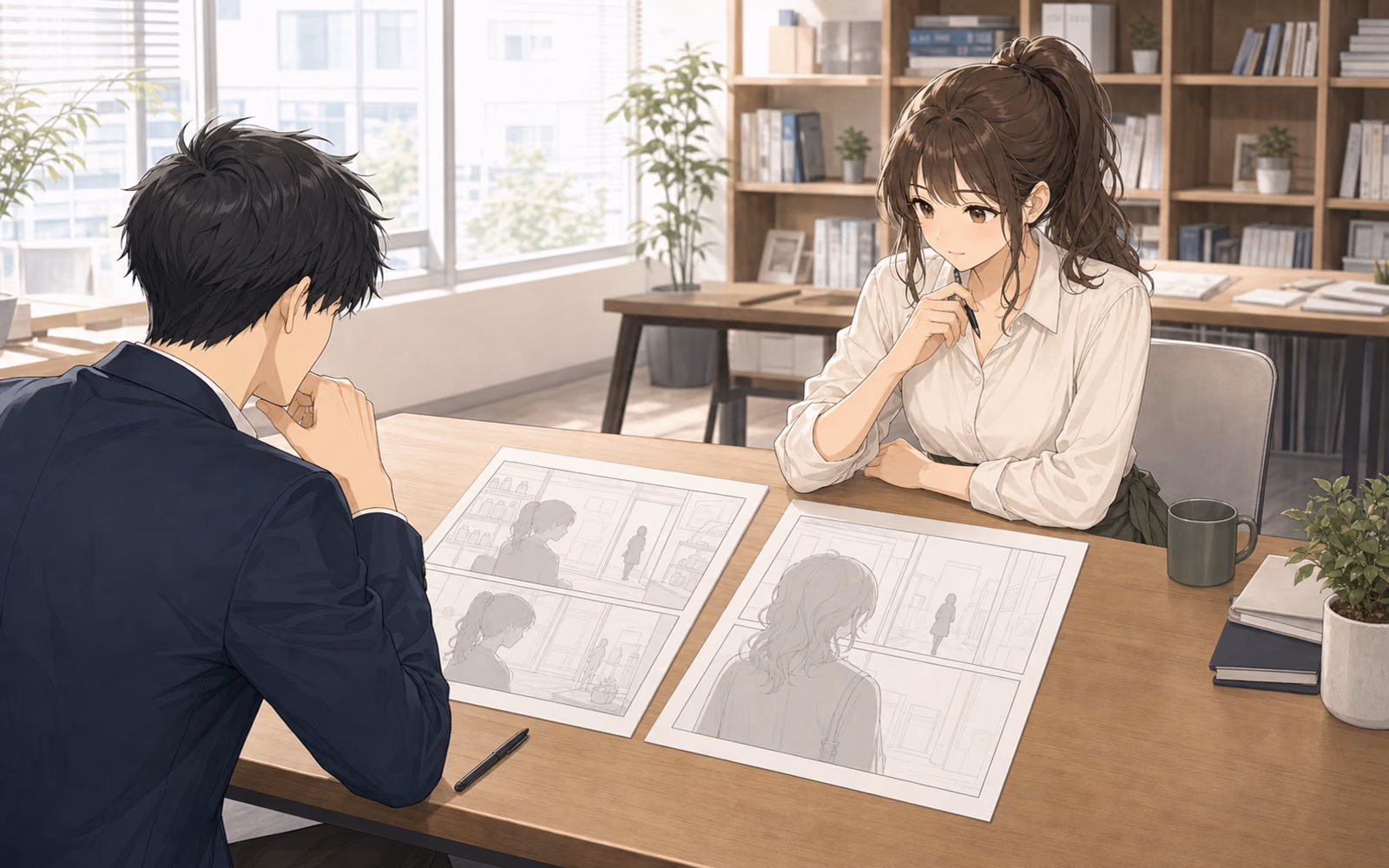 編集室の机で、同じ接客場面をレン側と山田側の二つの視点に分けた漫画ネームを見る久世とレン