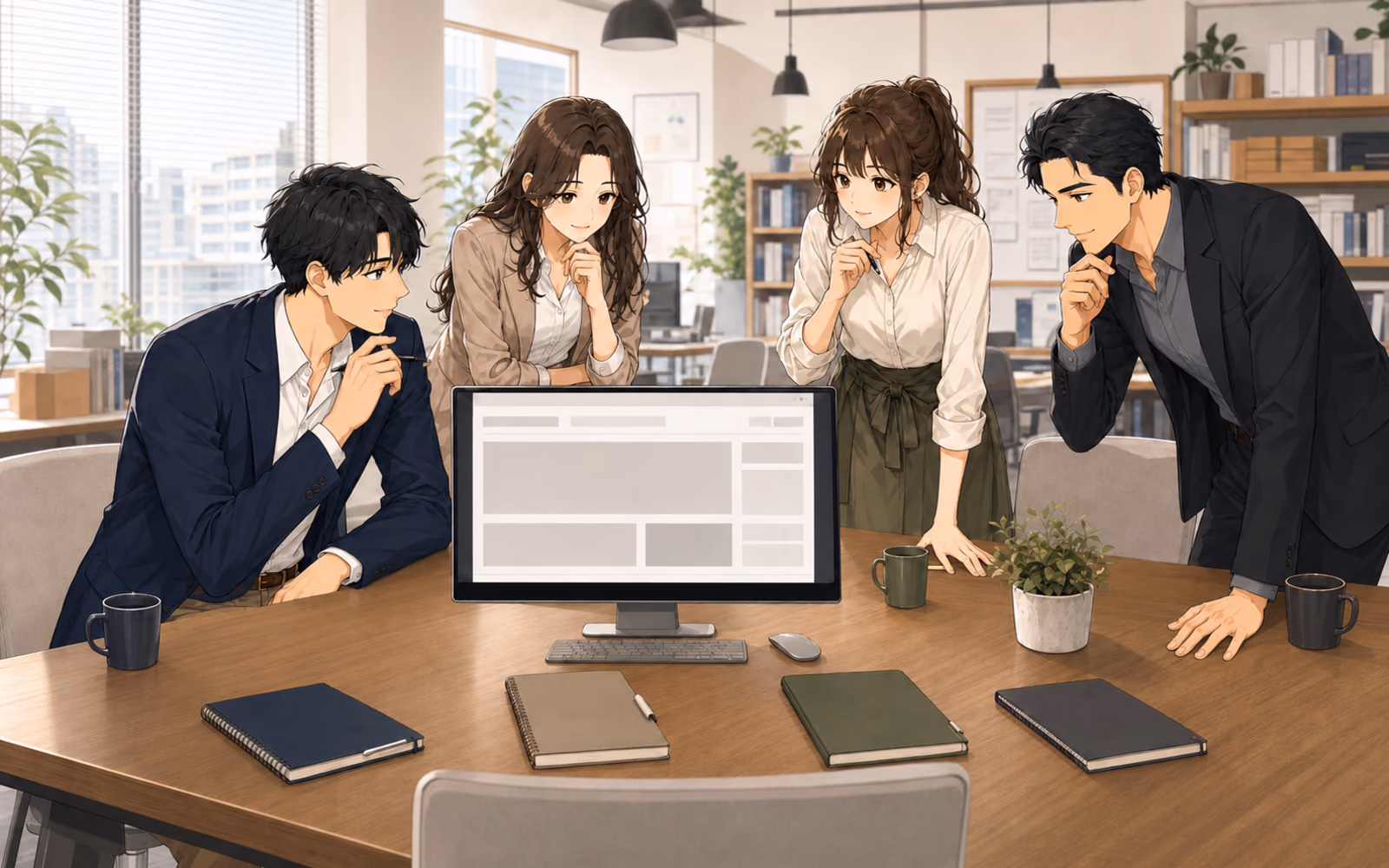 公開直前のサイト画面と四冊のノートを囲み、最終確認をするミナト、カナエ、レン、ソウタ