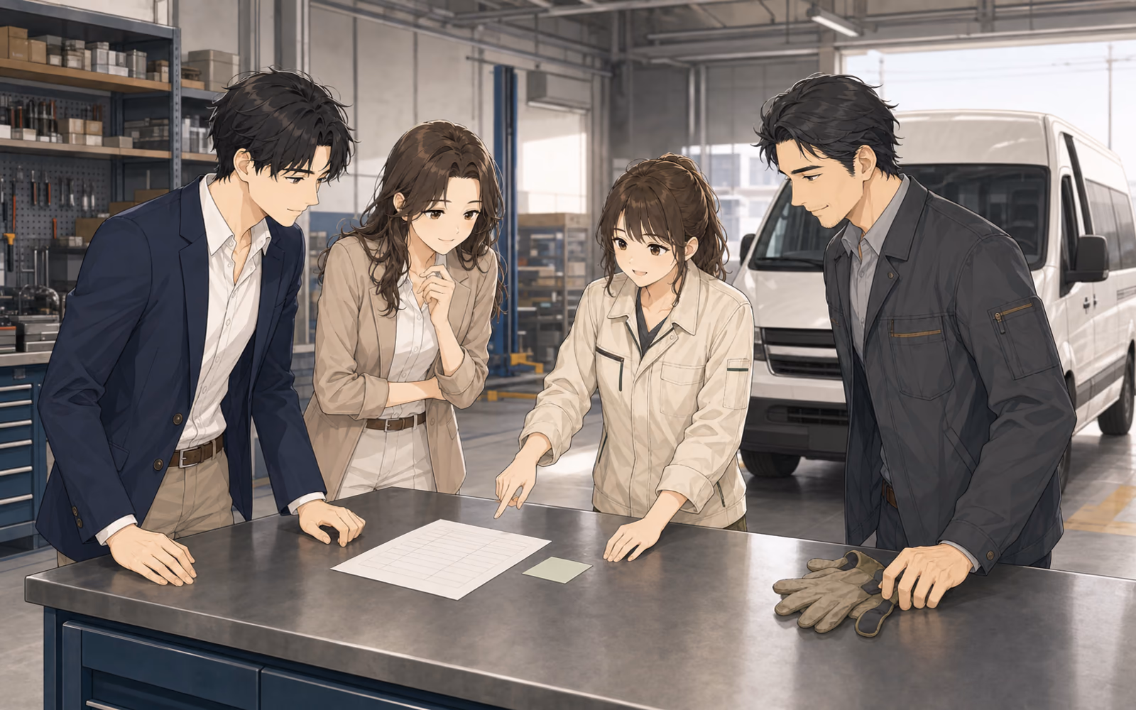 工具棚と点検車両が見える青葉設備のサービス拠点で、一分の入力負担について話す桜井、ミナト、カナエ、小暮