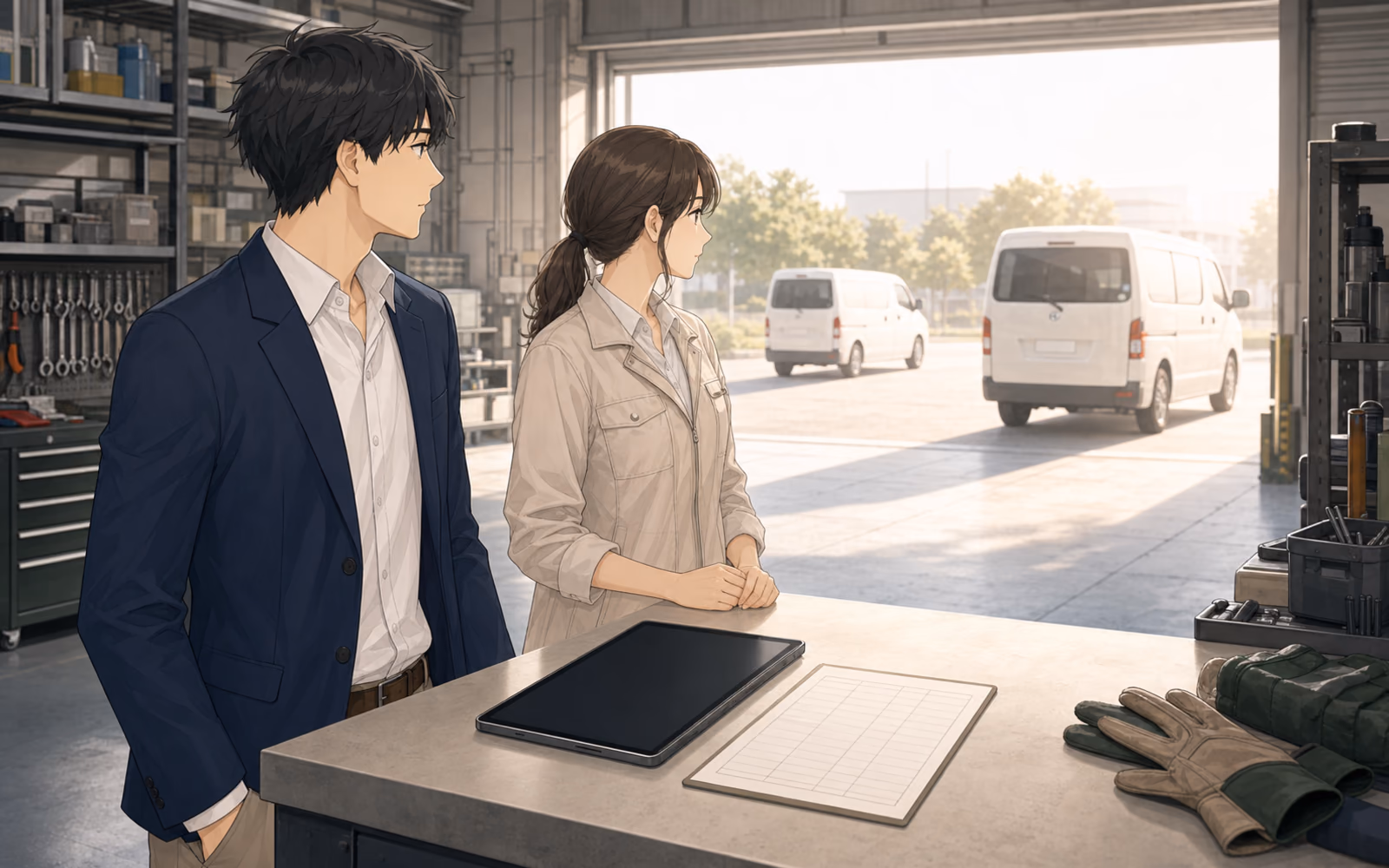 月曜朝の青葉設備のサービス拠点で、開かれない試験用画面と出発する点検車両を見つめる桜井とミナト