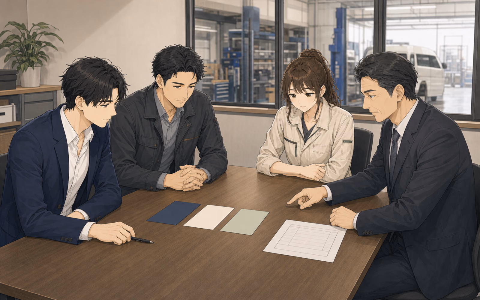 青葉設備の会議室で、継続・終了・一週間停止の三案と初日の判断記録を囲む小暮、桜井、田嶋、ミナト