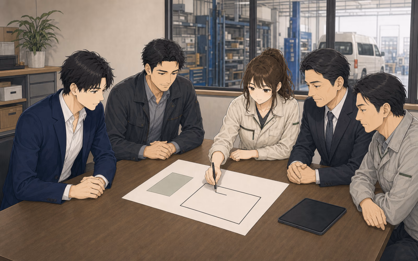 青葉設備本社で、帰所後の通常報告一件と停止条件を書いた再開シートを囲む桜井、小暮、田嶋、早坂、ミナト