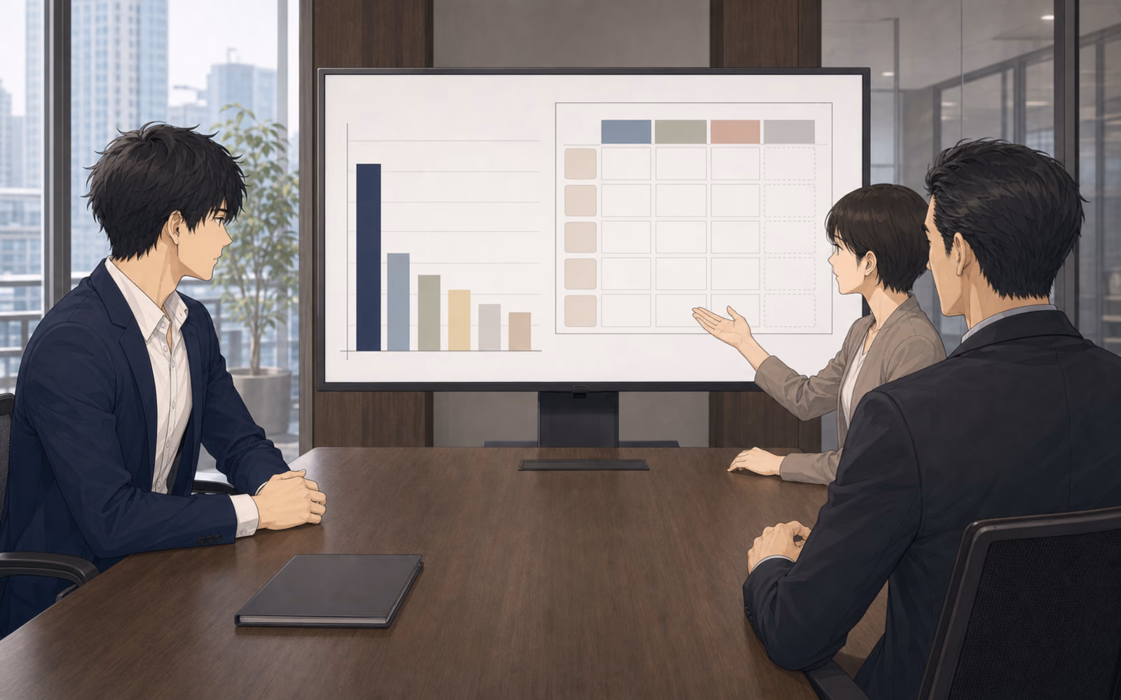 リードクラフト商談室で、吉岡の首位が表示された成約率ランキングと、契約後の未観測欄がある試作評価表を見るミナト、松永、佐野