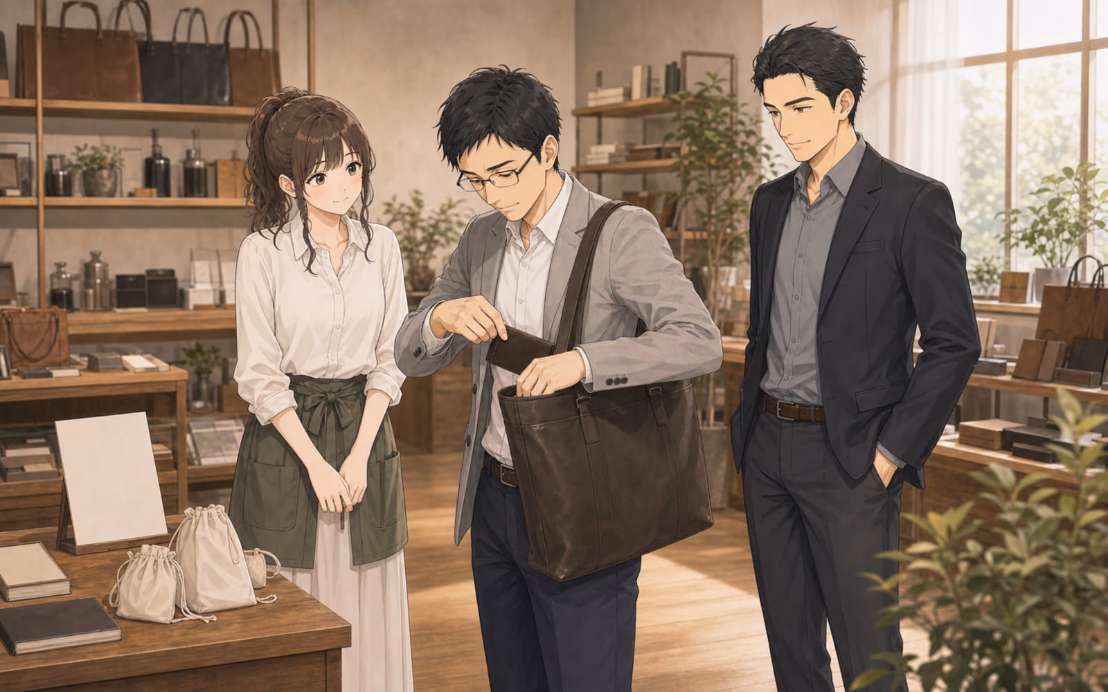 HIBI SELECTで、高橋が通勤時の荷物を入れた革の仕事鞄を肩に掛け、レンとソウタが値札ではなく実際の持ち方を一緒に確認する場面