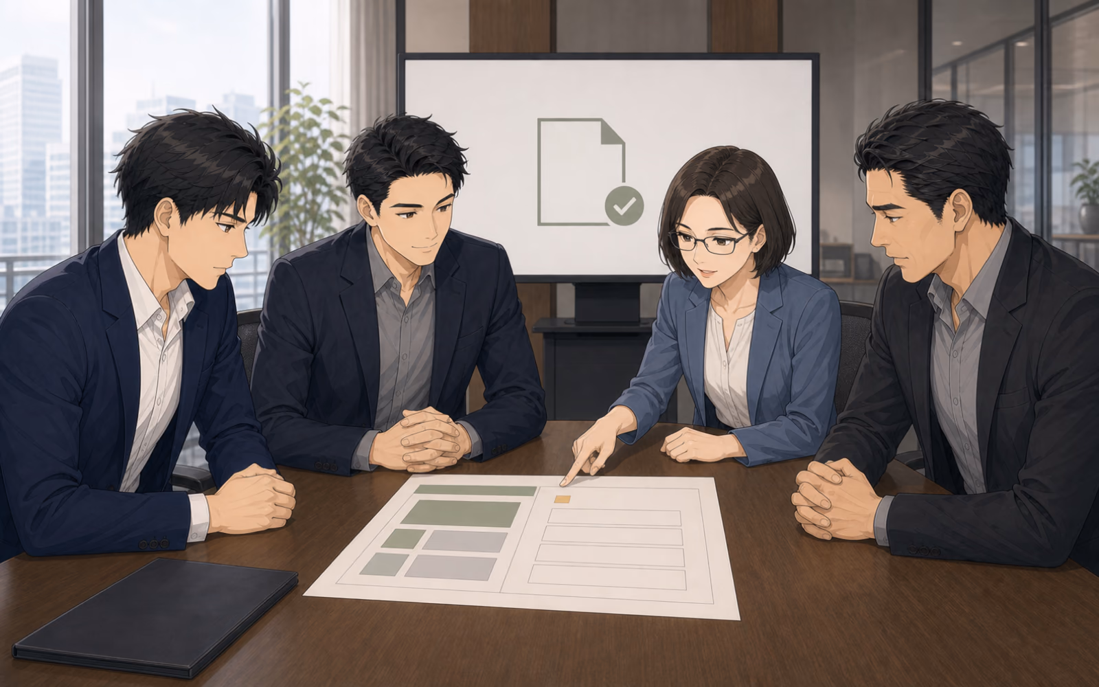 リードクラフト商談室で大型契約の完了画面を背に、吉岡、ミナト、ソウタ、瀬戸が契約の確定事項と利用準備の空欄を同じ机で確認する場面