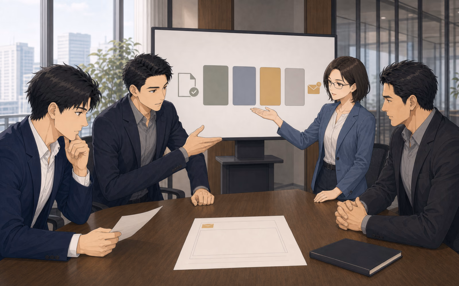 リードクラフトCS会議室で、解約申出の画面と受注・決定条件・引き継ぎが分かれた評価表を前に、瀬戸、吉岡、ミナト、ソウタが原因を決めず確認する場面