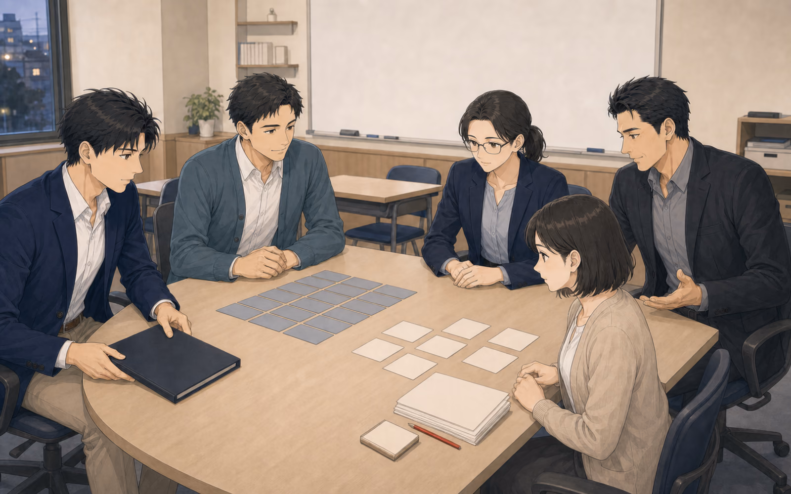 星丘学習サービス城南校で、整った青灰色のカード群と七枚の未整理カード、藤森の残った採点資料を、中澤、中井、ミナト、ソウタが同じ机上で確認する場面