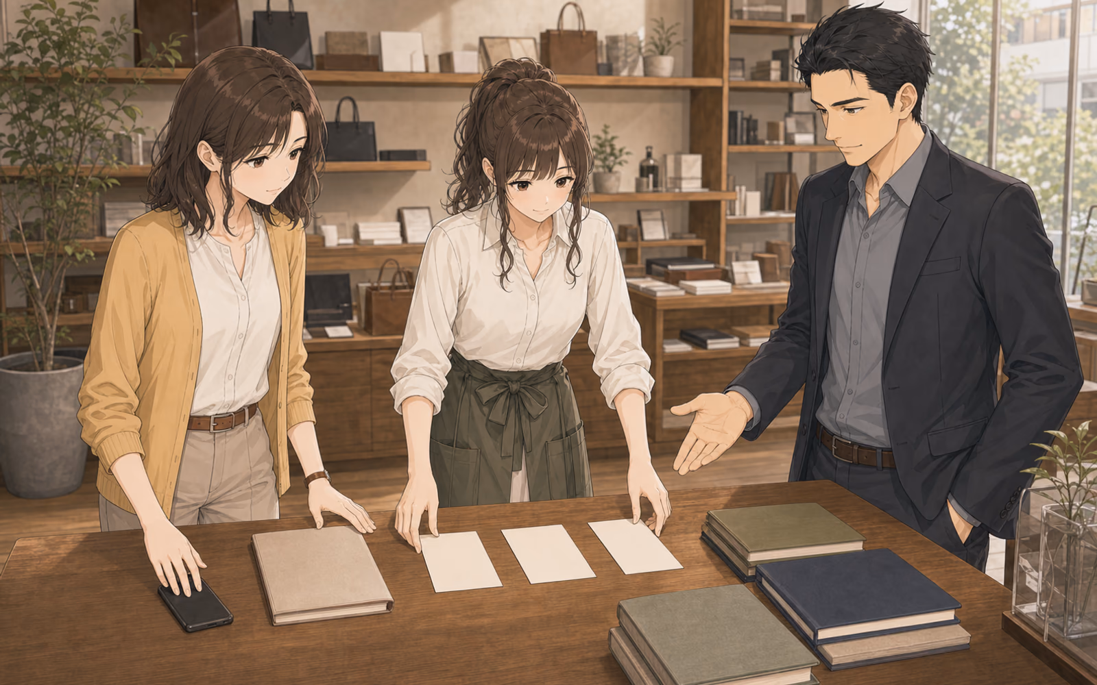HIBI SELECTの木のカウンターで、レン、ソウタ、黒田が、入荷遅延の確定情報・未確定情報・代替案を表す三つの無文字カードと予約商品を確認する場面