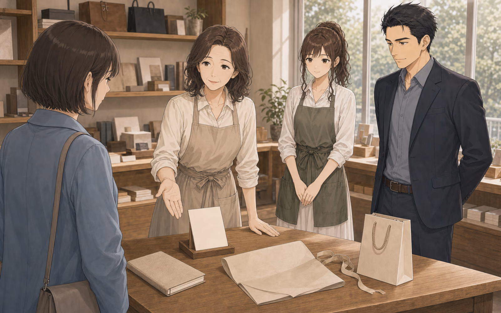 HIBI SELECTの接客カウンターで、柳井が贈りものの必要日を先に確認し、レン、ソウタ、再来店した客と、到着条件を表す無文字の予定台と包む前のノートを見る場面
