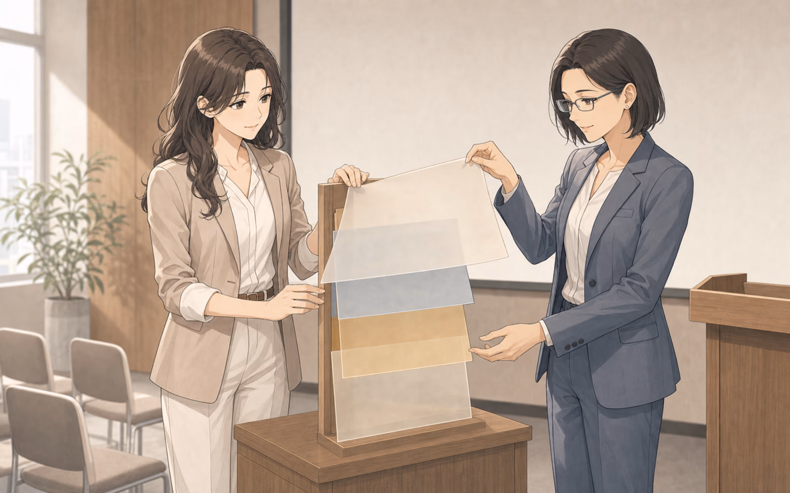 共同セミナー会場で、一枚の解説資料を研究・現場仮説・実践例の三層に分けて確認するカナエと安西