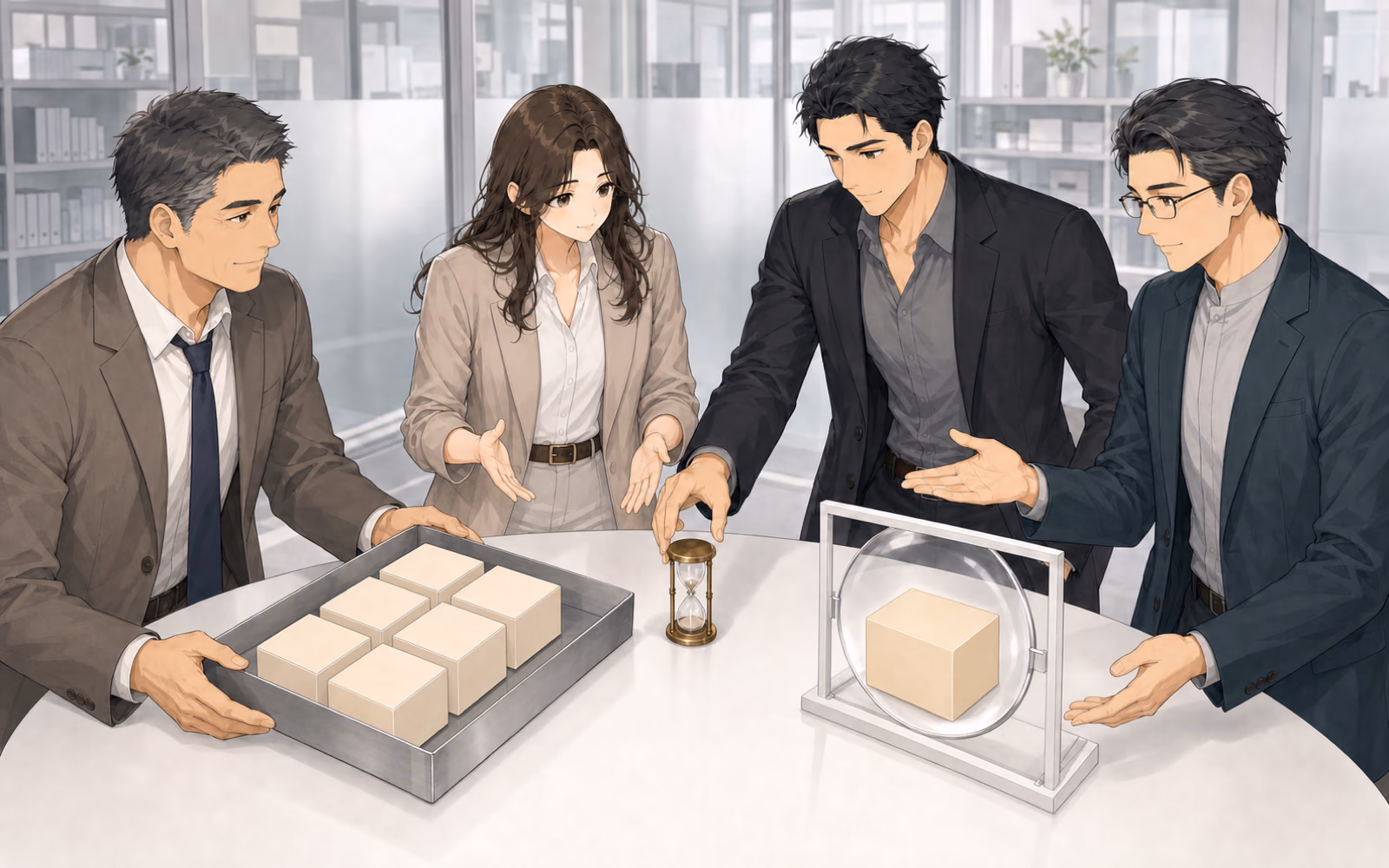 ディシジョンラボで、在庫を示す実物と、反復される強調演出の層を分けて確認するカナエ、ソウタ、瀬川、大友