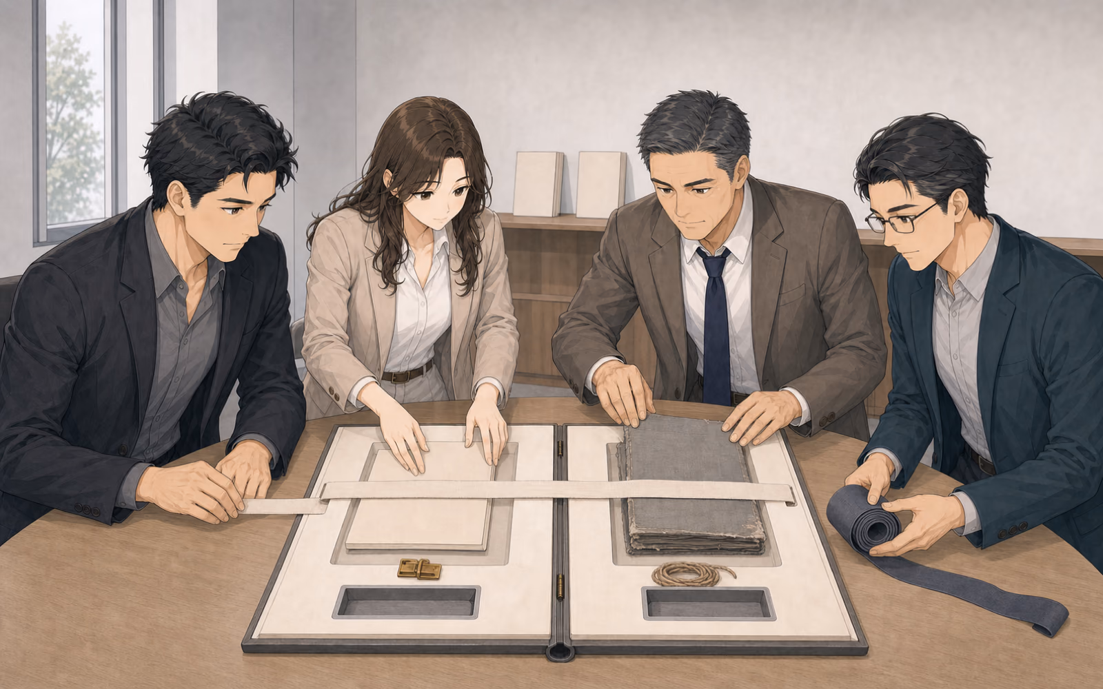 碧海メディカル管理本部で、導入案と現行継続案の二つの同形トレイを同じ向きに並べ、残る不確実性を比べるソウタ、カナエ、岡部、瀬川