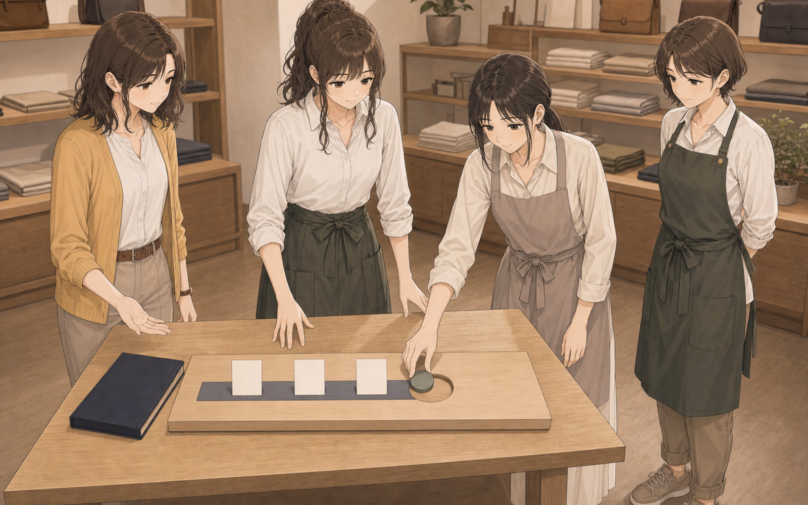 閉店後のHIBI SELECTで、接客の正解を示す札を伏せ、小野寺が自分で並べた観察記録から次の一手を選ぶのを待つレン、黒田、早川