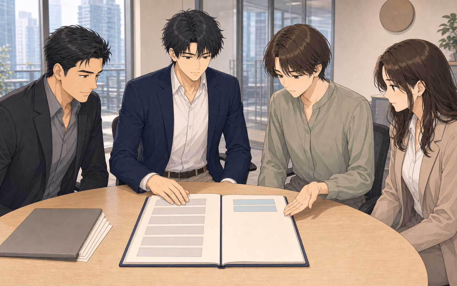 リードクラフト商談室で、成功事例のカードを伏せ、話した項目で埋まった左ページと顧客の言葉が少ない右ページの商談ノートを新人へ開くミナトを、森川と河合が見守る