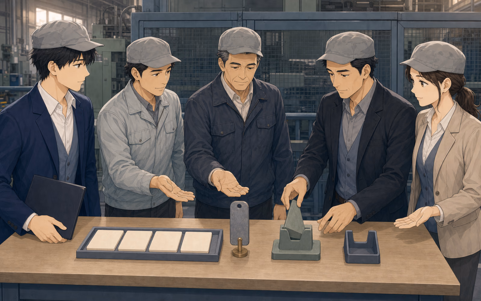 クラフトリンク製作所の停止中の作業区域外で、町田が現行手順の例外札を示し、ミナト、ソウタ、カナエ、竹内が新システムに残す条件を確認する