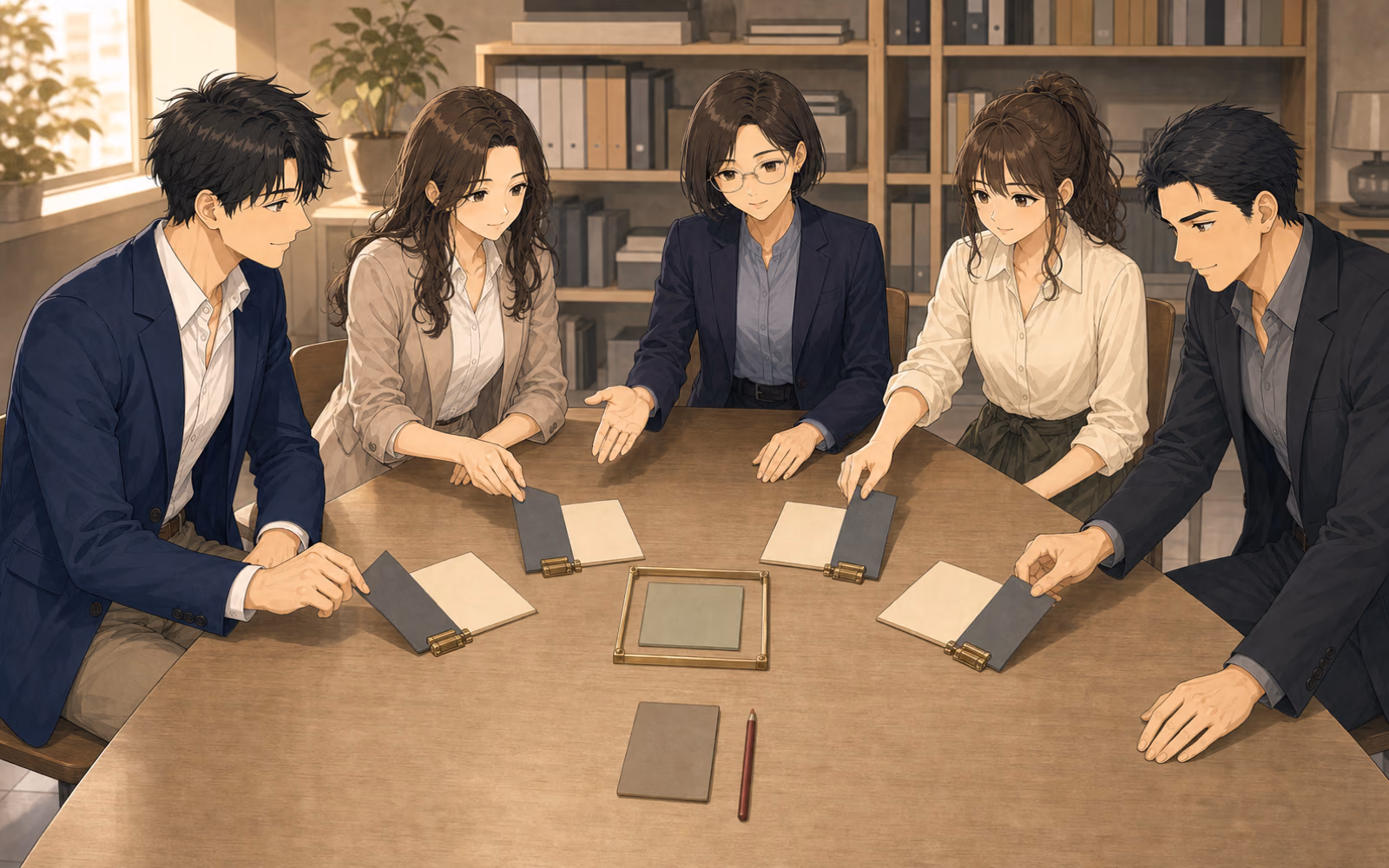 セールススコープ編集部で、服部が四人の成功談ではなく、やめた行動と引き受ける仕事を二列のカードに分け、中央に選びやすくすることを表す空白の道標を置く